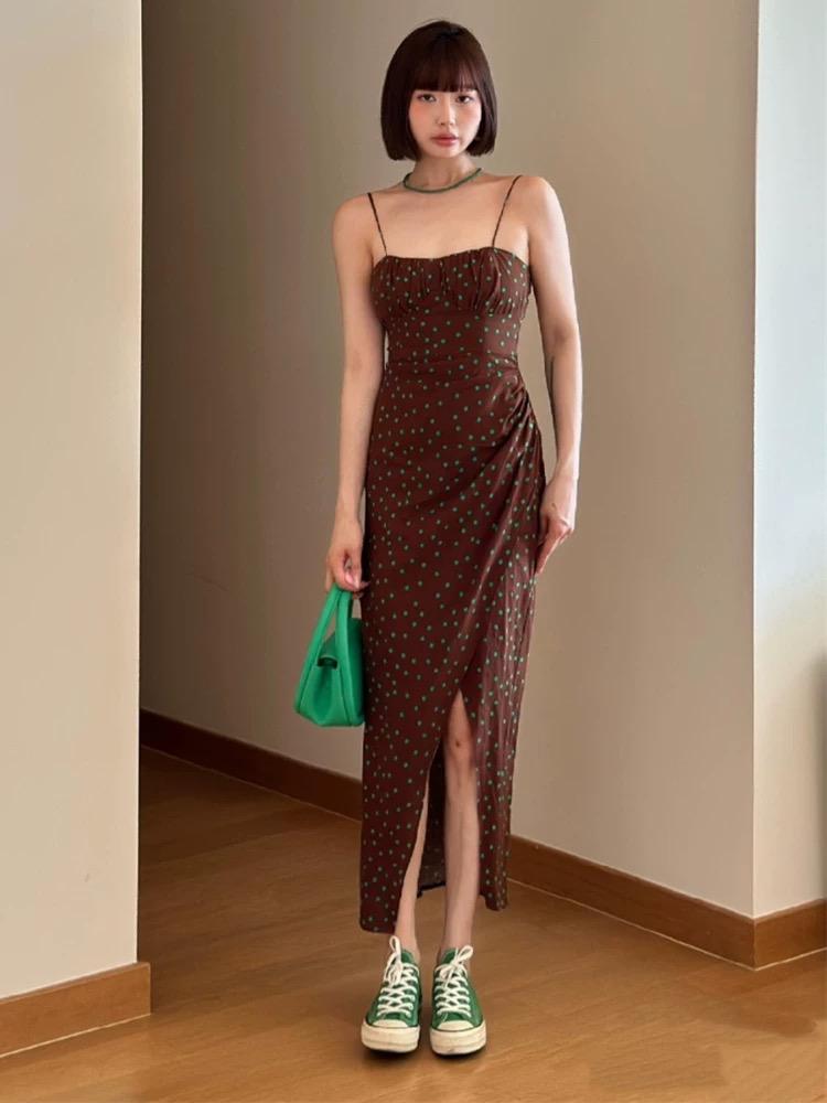 Brown Polka Dot Ruched Slit Midi Dress