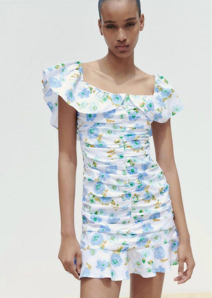 Ruched floral-print mini dress