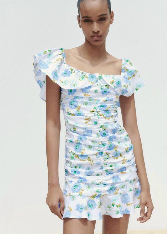 Ruched floral-print mini dress