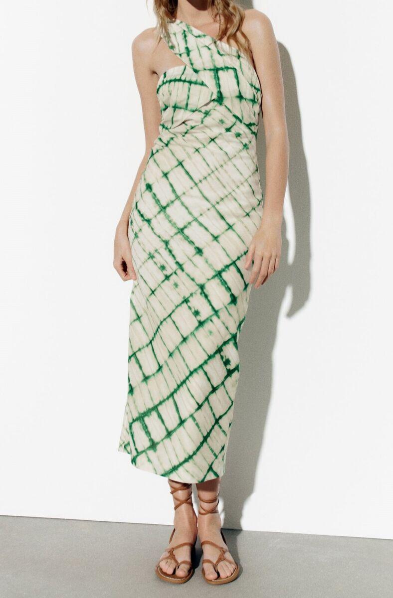 Midi Dress Ecru White Green Asymmetric