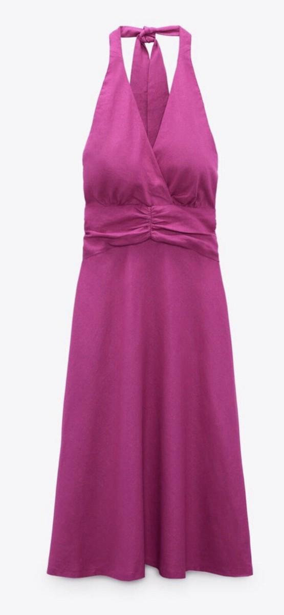 HALTER LINEN BLEND HALTER NECK MIDI DRESS MAGENTA