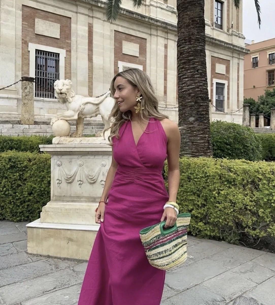 HALTER LINEN BLEND HALTER NECK MIDI DRESS MAGENTA