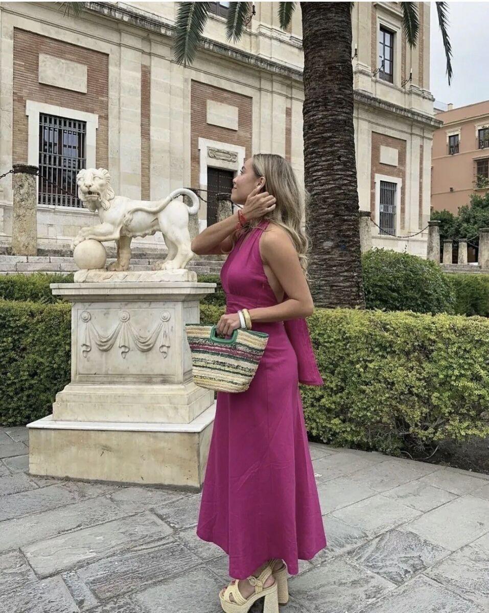 HALTER LINEN BLEND HALTER NECK MIDI DRESS MAGENTA