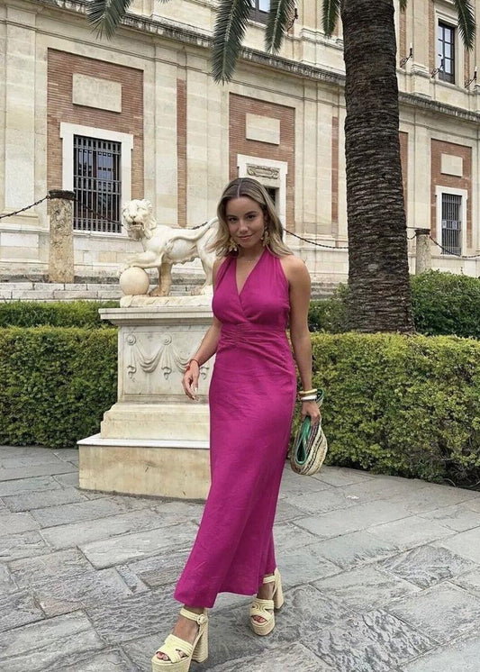 HALTER LINEN BLEND HALTER NECK MIDI DRESS MAGENTA