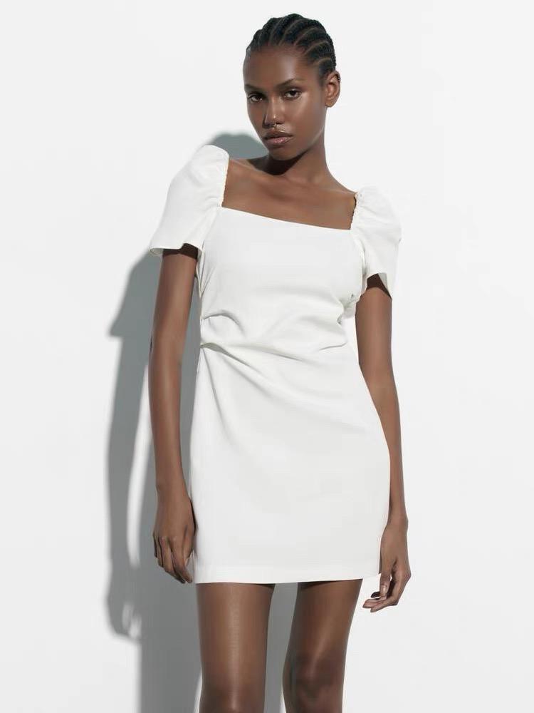 White Open-Back Puff Sleeve Mini Dress