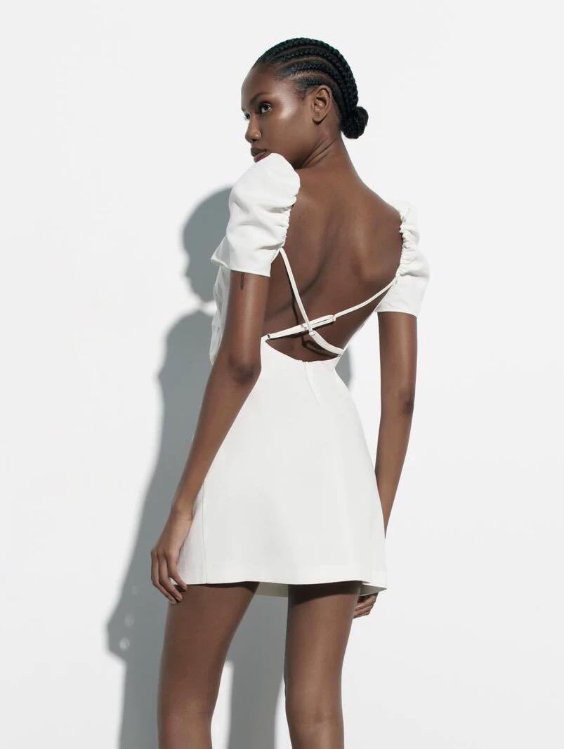 White Open-Back Puff Sleeve Mini Dress