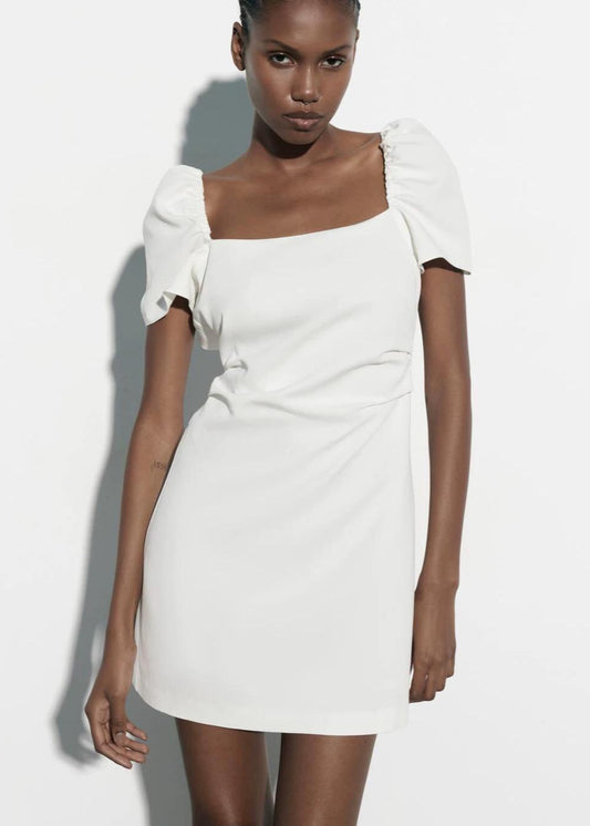White Open-Back Puff Sleeve Mini Dress