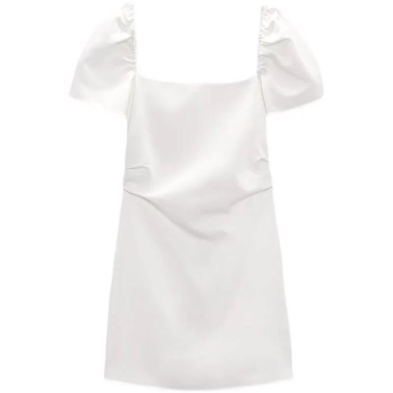White Open-Back Puff Sleeve Mini Dress