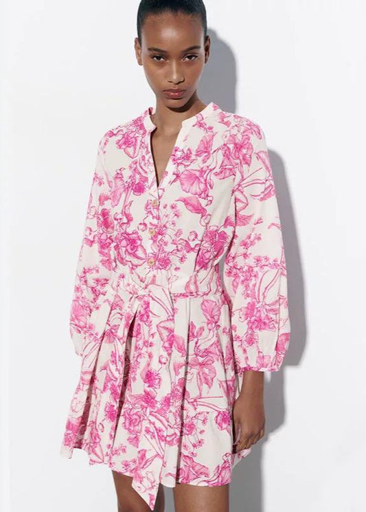 Pink Floral Belted Shirt Dress