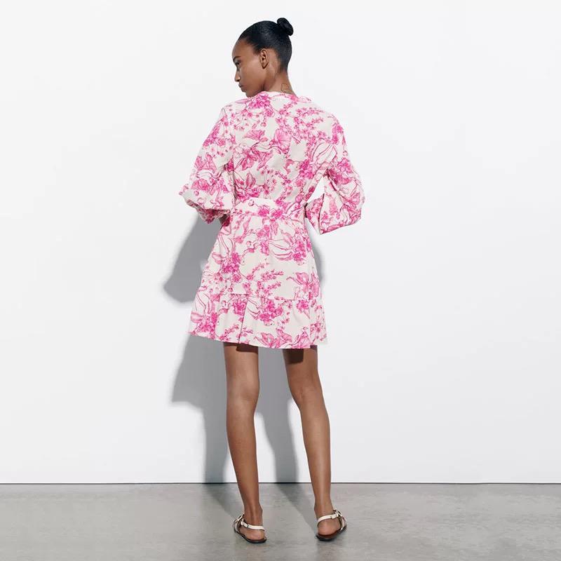 Pink Floral Belted Shirt Dress