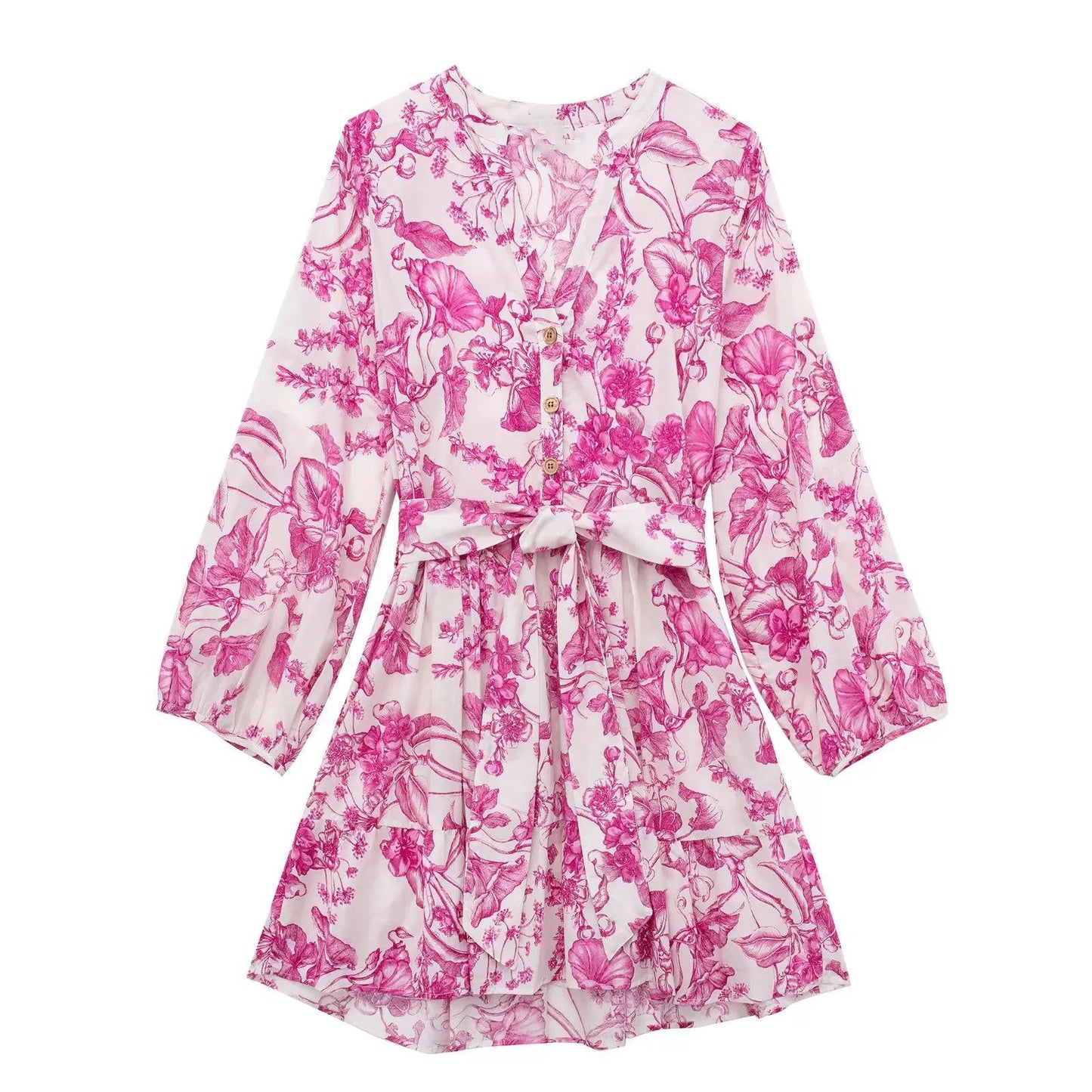 Pink Floral Belted Shirt Dress