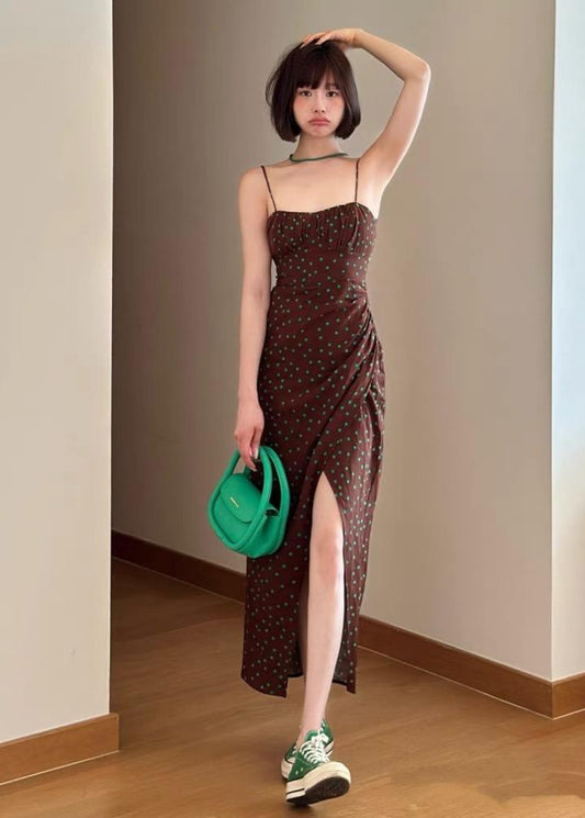 Brown Polka Dot Ruched Slit Midi Dress