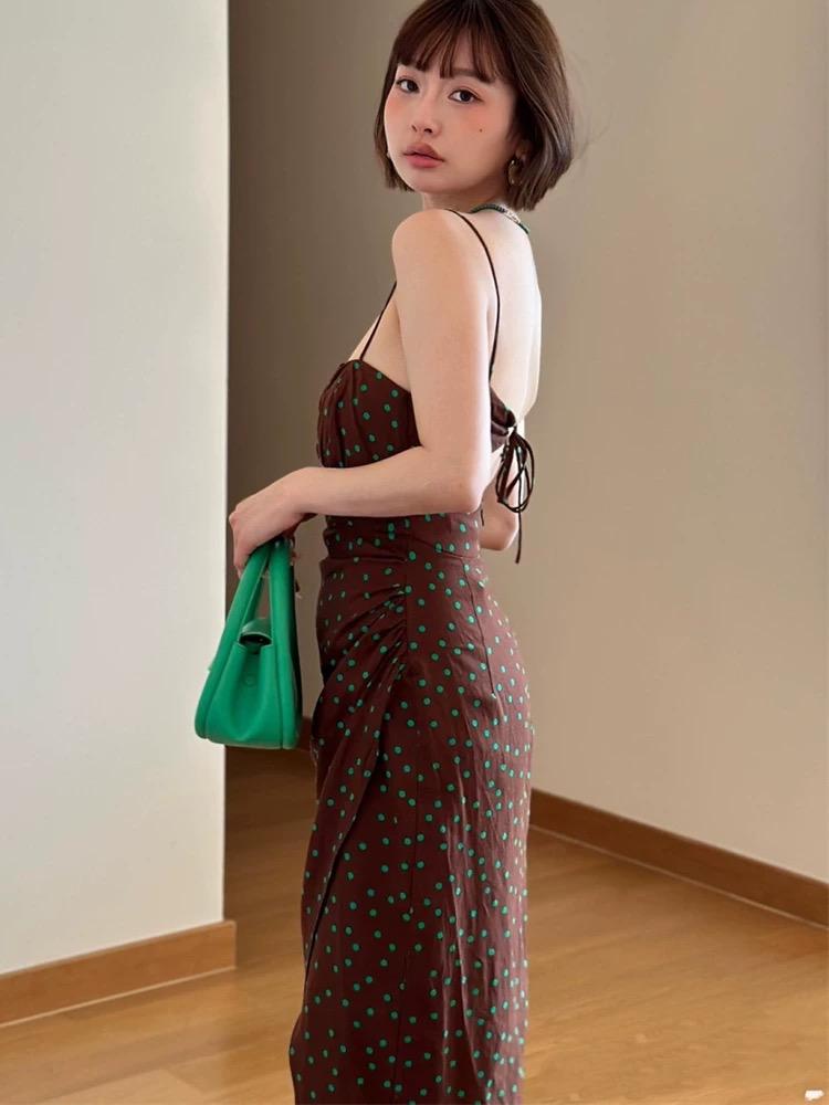 Brown Polka Dot Ruched Slit Midi Dress