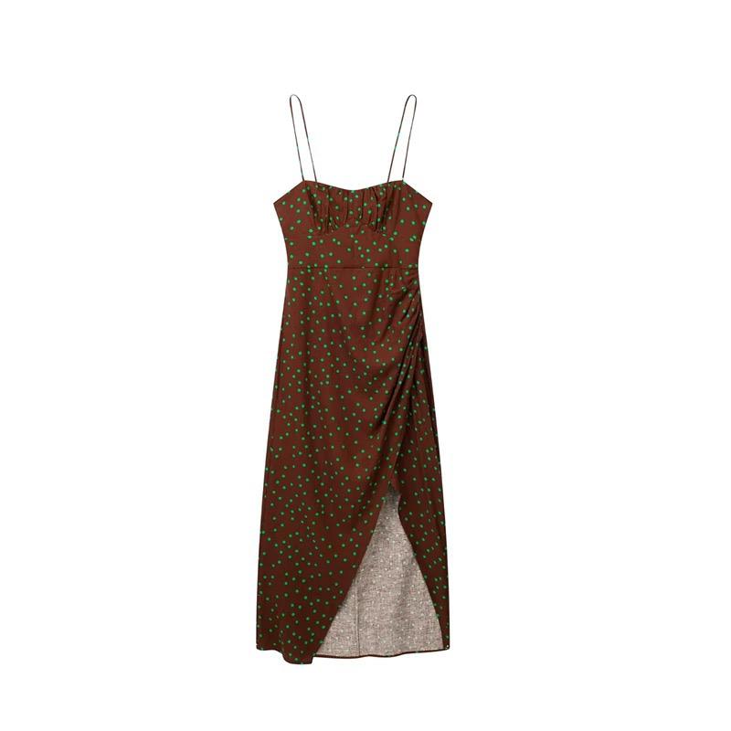 Brown Polka Dot Ruched Slit Midi Dress