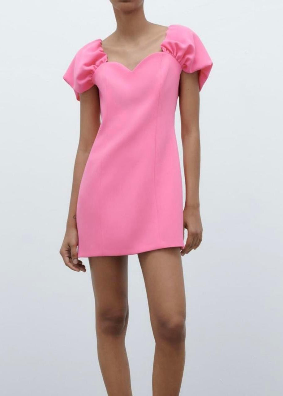 Pink Puff Sleeve Sweetheart Mini Dress