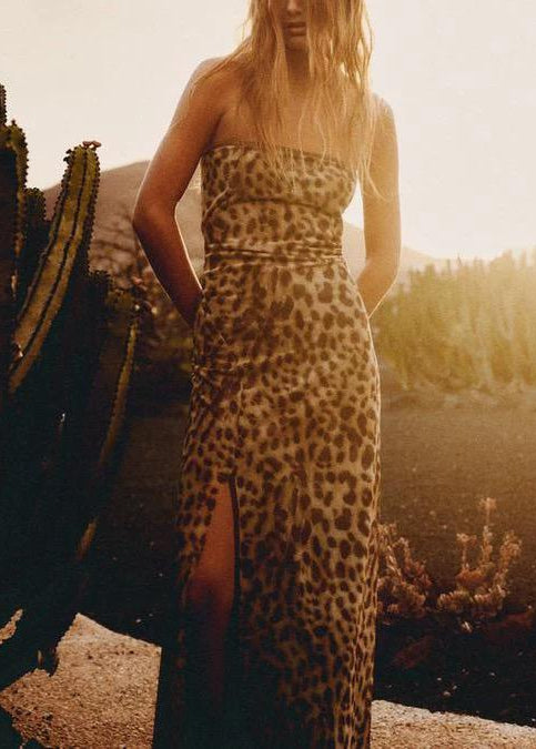Leopard Print Strapless Slit Maxi Dress