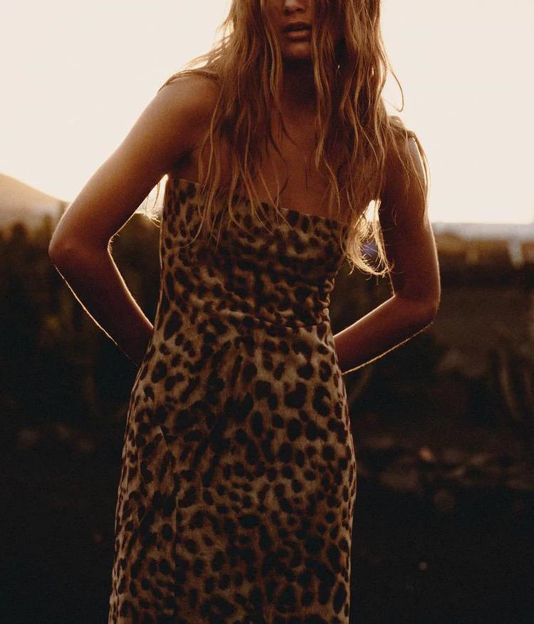 Leopard Print Strapless Slit Maxi Dress