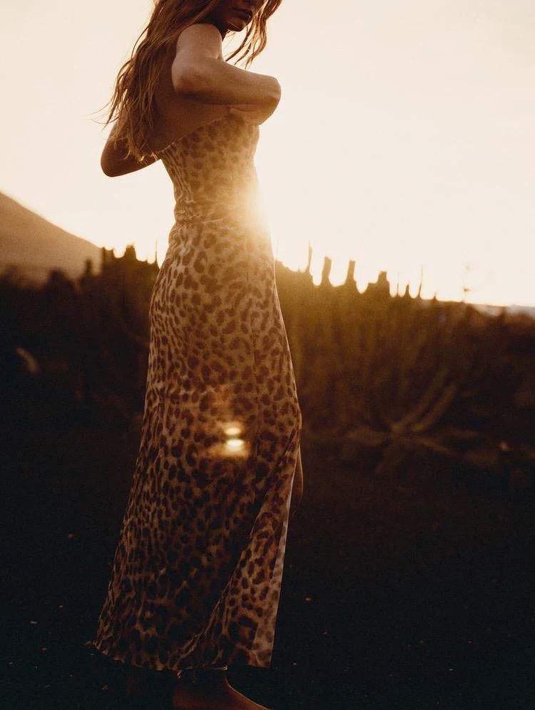 Leopard Print Strapless Slit Maxi Dress