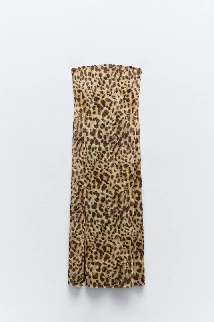Leopard Print Strapless Slit Maxi Dress